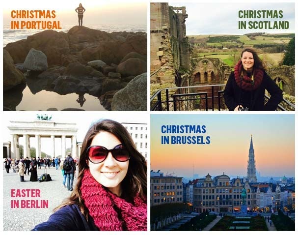 four pictures of a girl traveling around Europe during Christmas